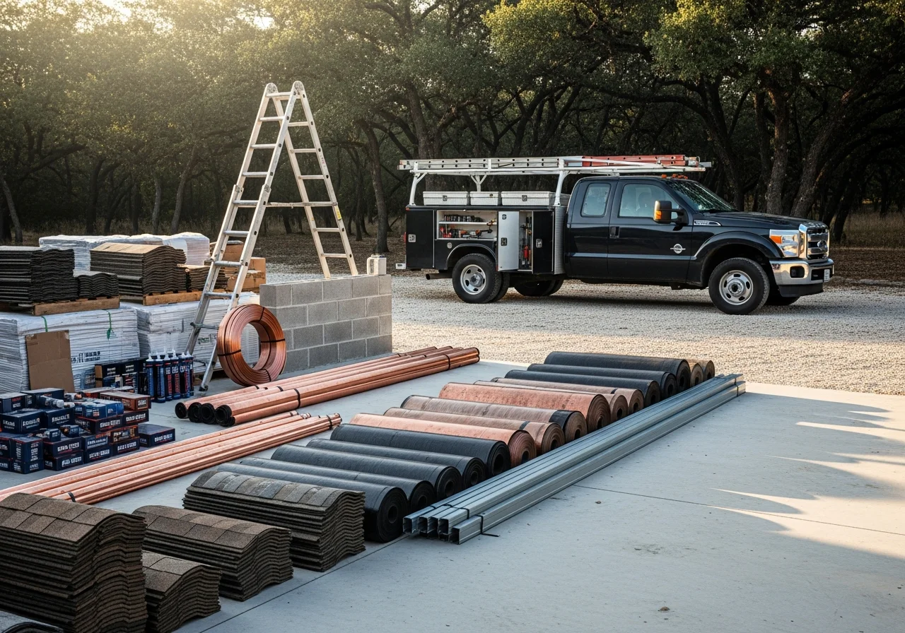 Professional roofing crew with tools and equipment ready for installation and repair work.