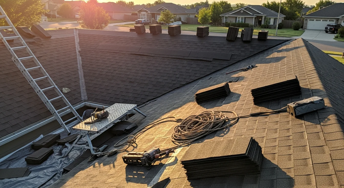 Professional roofer installing residential roof shingles