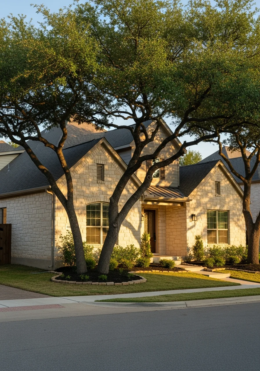 Close-up of an Austin home exterior showing typical construction style with landscaping and residential street view.