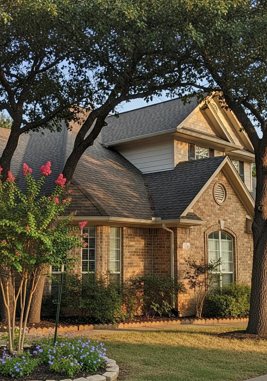 Close-up of a residential home exterior in a DFW suburb with mature landscaping and typical North Texas architecture.