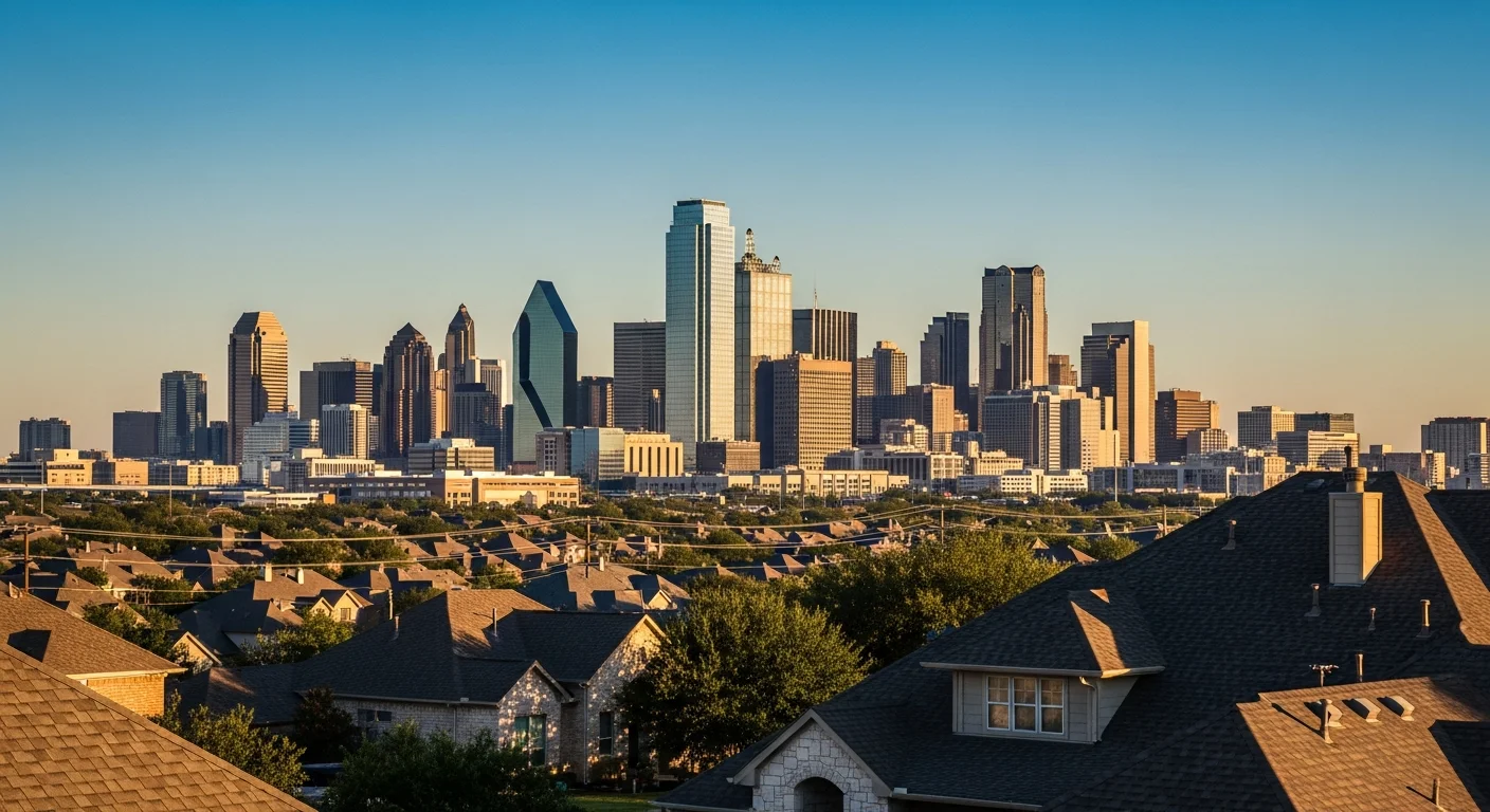 Wide view of Dallas skyline with modern office towers and residential neighborhoods in the foreground under clear Texas sky.