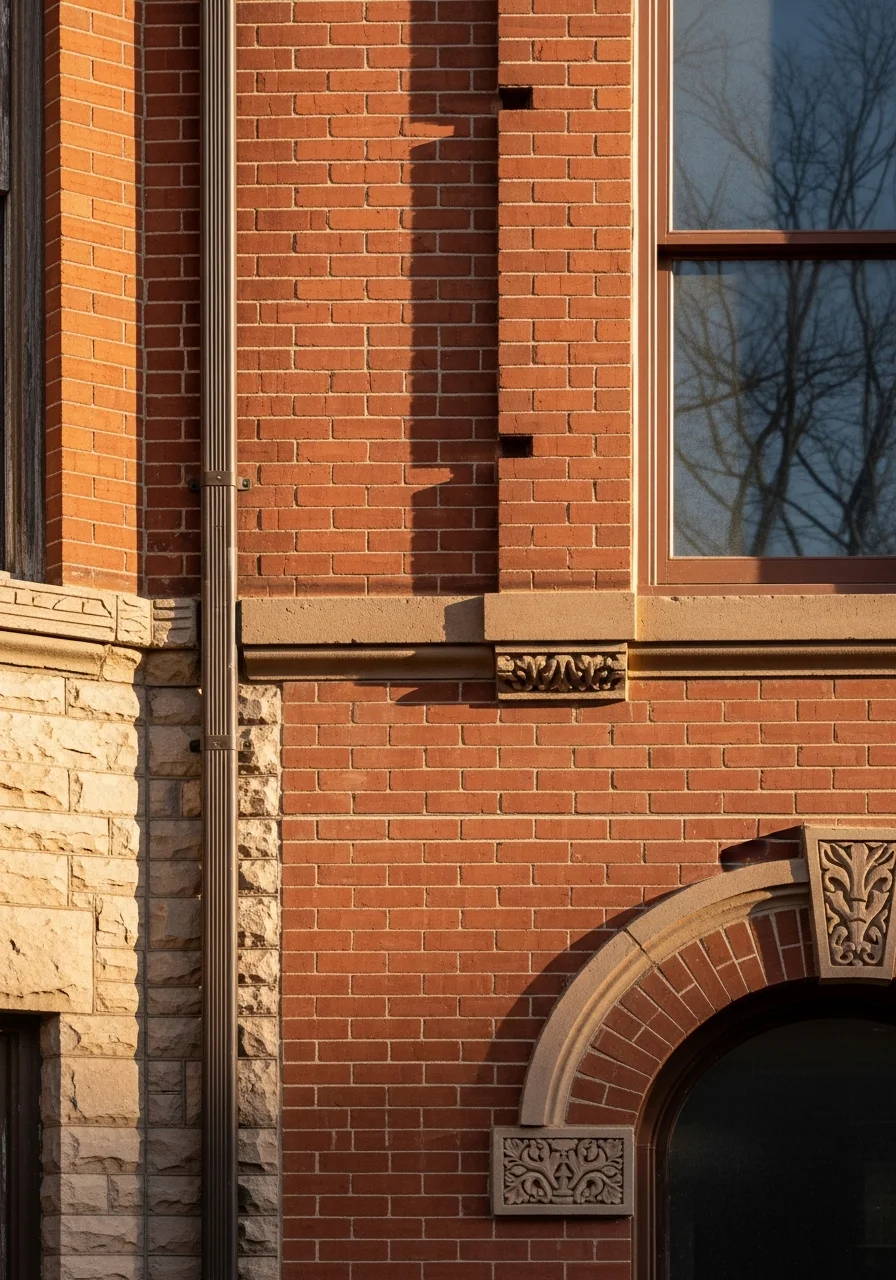 Close-up of a restored historic St. Louis home facade showing period brick details and traditional architectural elements.
