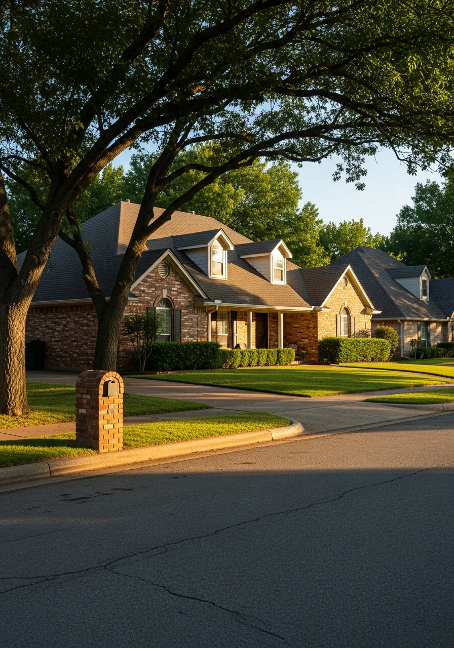 Close-up of a Tulsa home exterior showing typical construction style with landscaping and residential street setting.