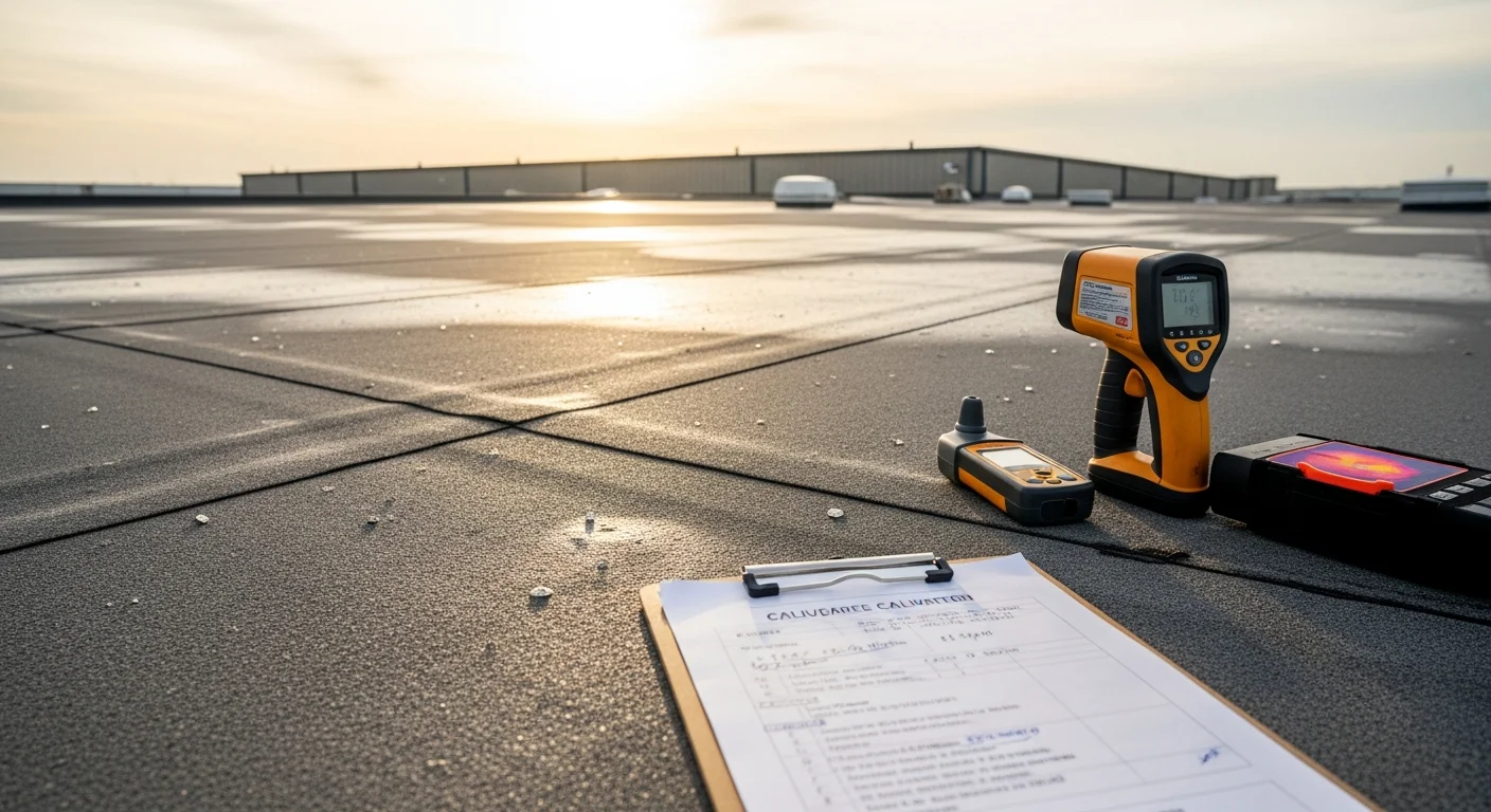 A large flat commercial roof on a Dallas-Fort Worth warehouse being inspected by a roofing contractor after hail damage. The image shows membrane surface detail and drainage areas under a bright Texas sky.
