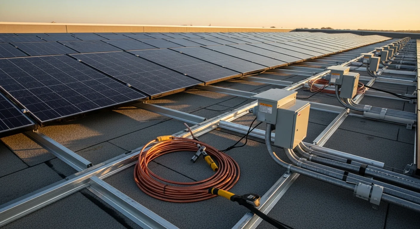 Commercial rooftop solar panel array installed on a flat-roof warehouse in the Dallas-Fort Worth metroplex under clear Texas skies. Stormnation Roofing and Solar commercial installation with rows of photovoltaic panels covering the full usable roof surface.