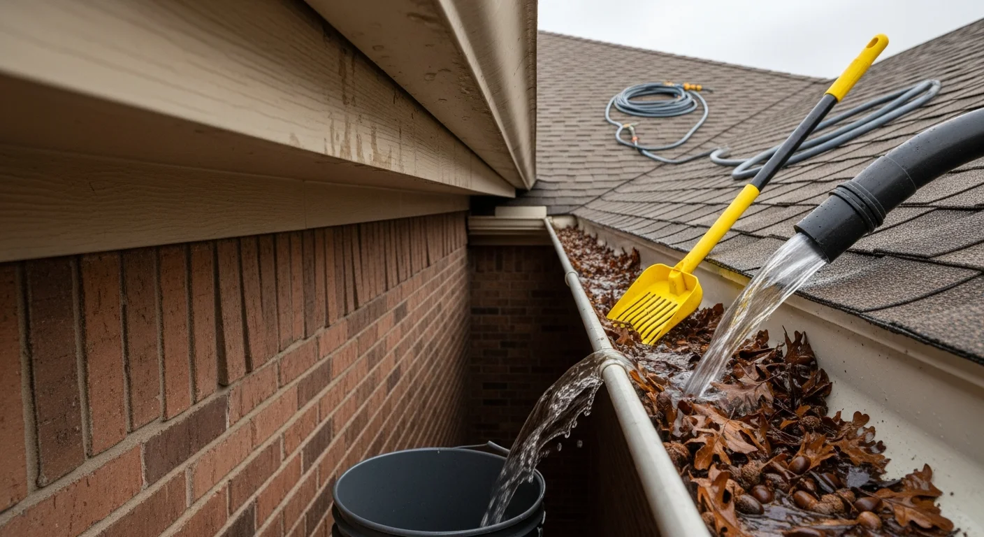 A Stormnation Roofing and Solar technician removing packed live oak leaves and debris from a residential gutter trough on a single-story Dallas-Fort Worth home. The downspout and cleared gutter channel are visible against a North Texas suburban backdrop.