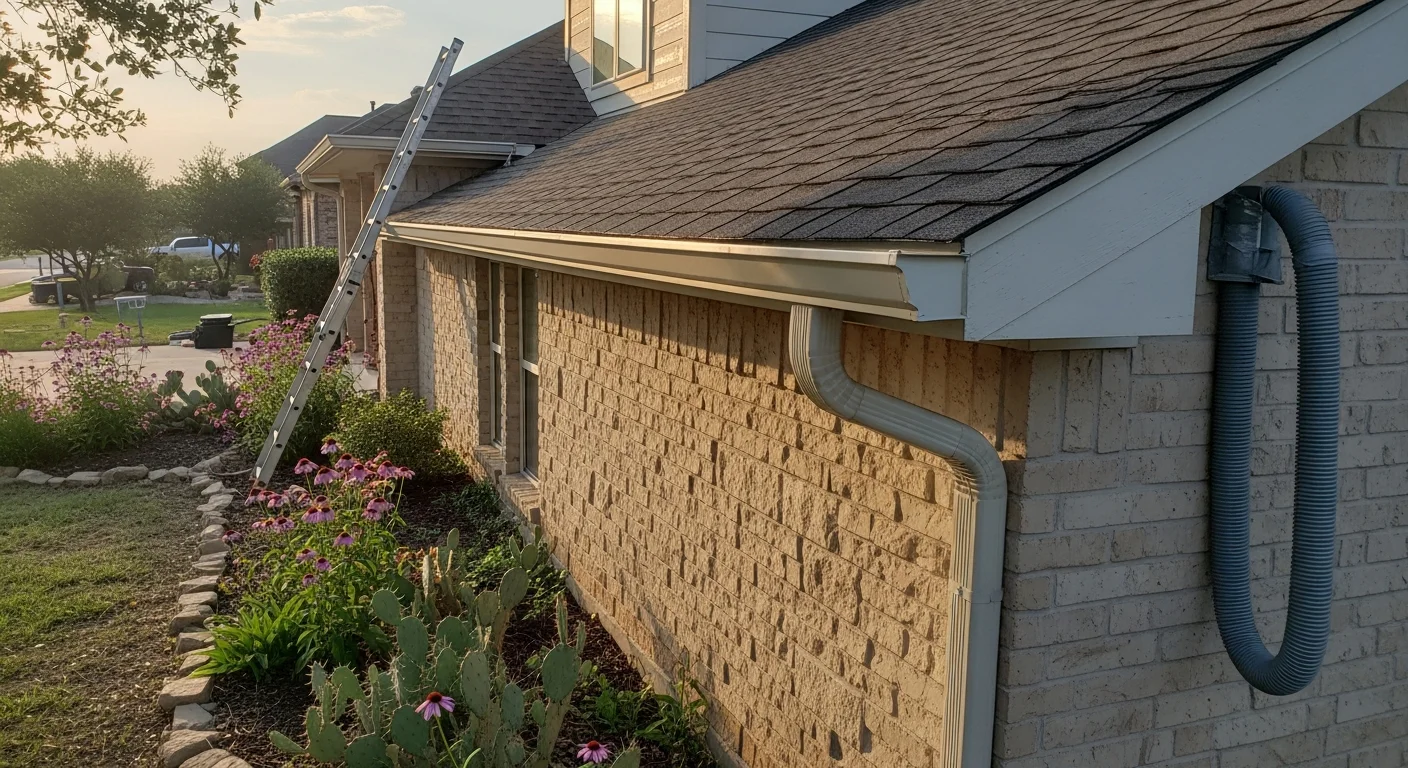 Newly installed seamless gutters running along the roofline of a two-story residential home in Dallas-Fort Worth, with downspouts positioned to direct water away from the foundation. The gutters are flush against the fascia board with no visible gaps or sagging sections.