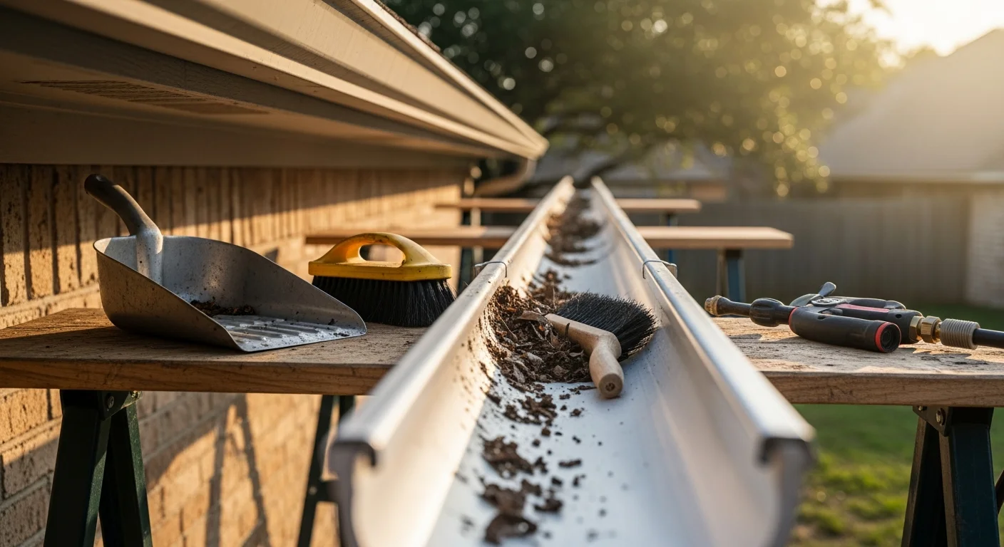 A Stormnation technician clearing packed leaf and storm debris from a residential gutter along a Dallas-Fort Worth roofline. Downspout and fascia board are visible in the background against a North Texas suburban home exterior.
