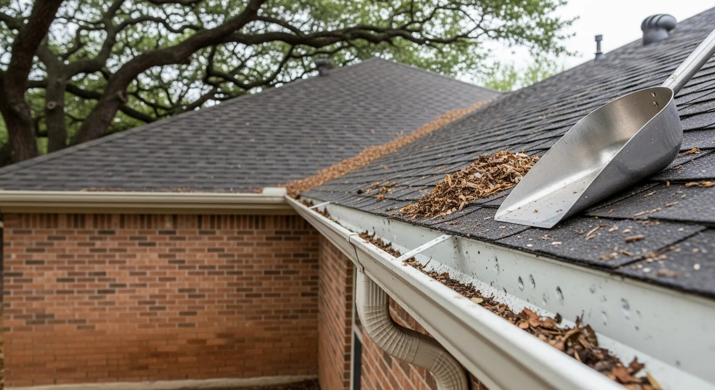 A Stormnation technician repairing a sagging aluminum gutter section on a single-story Dallas-Fort Worth home after storm damage. Close-up view shows a resealed gutter joint and secured hanger bracket along the roofline.