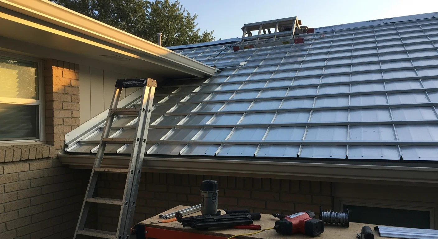 A completed metal roof installation on a single-story residential home in the Dallas-Fort Worth area, showing clean panel lines and a standing seam profile under a clear Texas sky. The surrounding neighborhood reflects typical North Texas suburban housing stock.