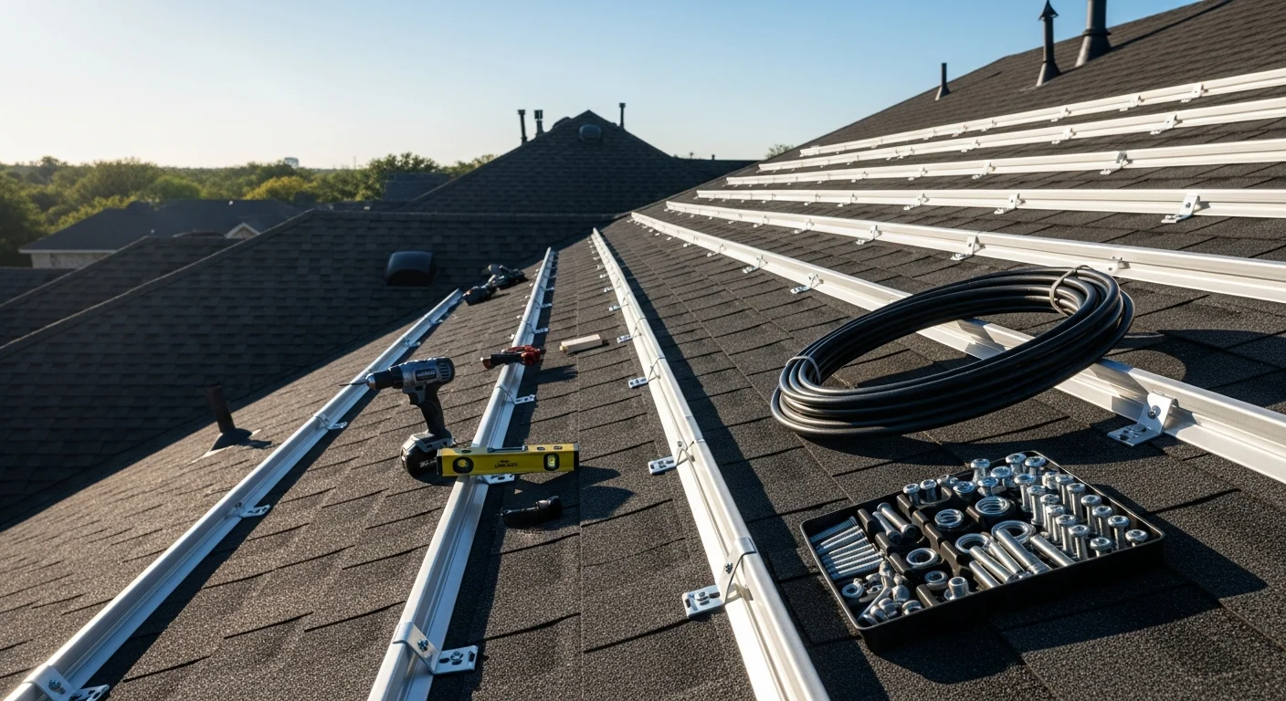 Rooftop solar panels installed on a residential home in the Dallas-Fort Worth area, with panels positioned across a south-facing asphalt shingle roof under clear North Texas skies. A Stormnation Roofing and Solar crew works on the mounting system during a sunny day.