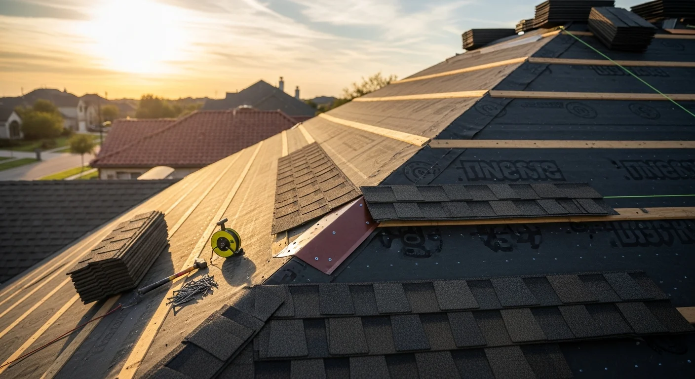 A completed residential roof installation on a single-story home in the Dallas-Fort Worth area, showing clean shingle lines, finished ridge cap, and new flashing around roof penetrations. The surrounding neighborhood reflects a typical North Texas suburban setting under a clear sky.