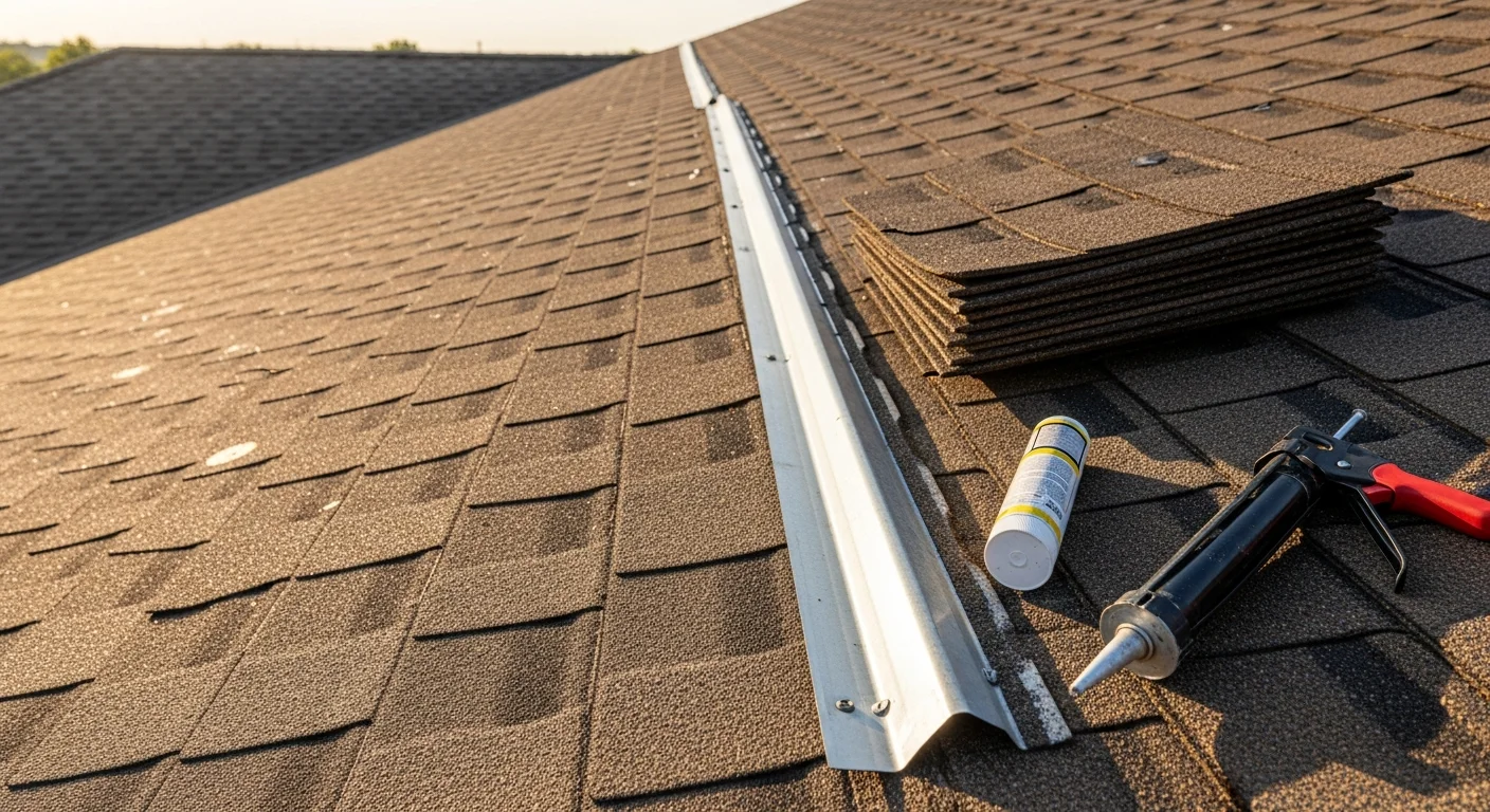 A Stormnation Roofing and Solar crew member inspecting hail-damaged shingles on a residential roof in Dallas-Fort Worth. Close-up view shows granule loss and cracked shingle surfaces typical of North Texas storm damage.