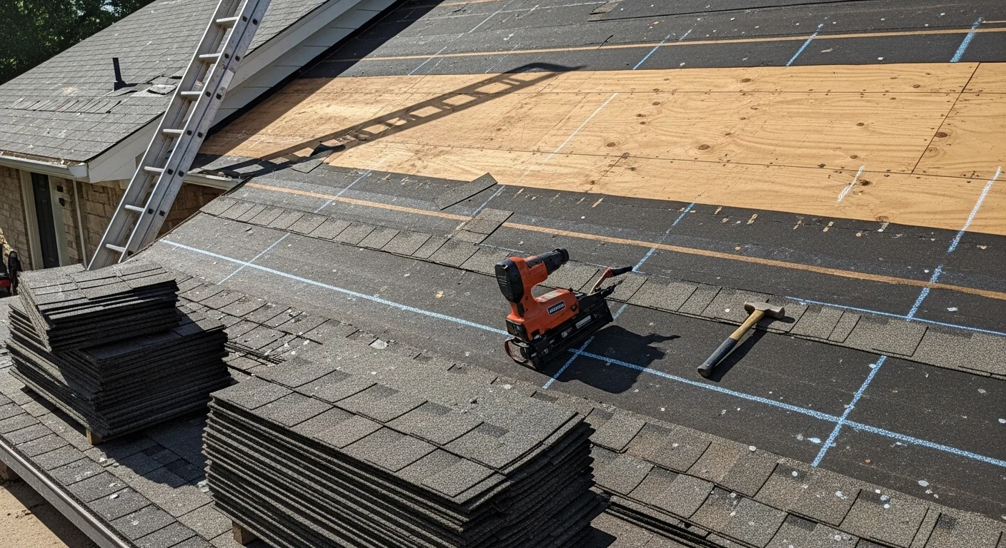 Completed roof replacement on a single-family home in the Dallas-Fort Worth area, showing new impact-resistant shingles installed over a full decking inspection. North Texas suburban neighborhood visible in the background.