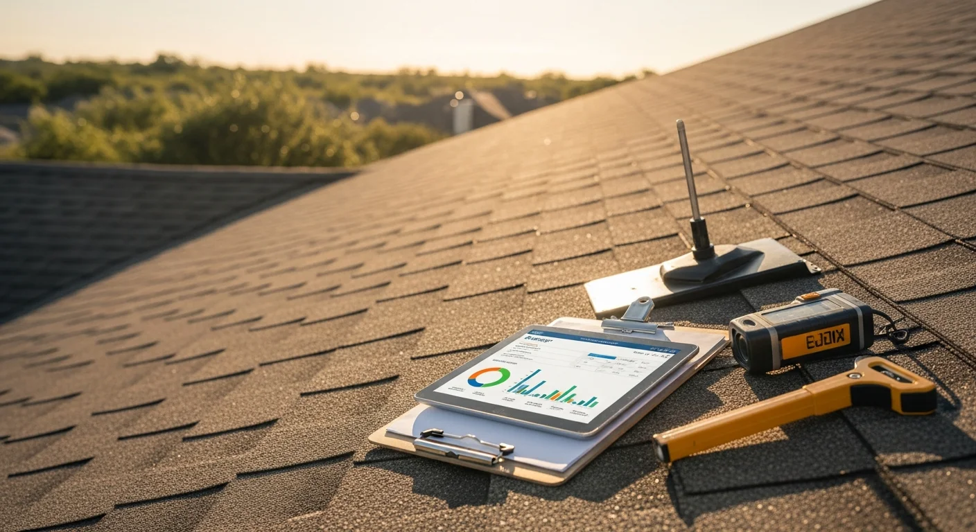 A Stormnation Roofing and Solar consultant reviewing a roof assessment with a Dallas-Fort Worth homeowner outside a single-family home on a clear Texas afternoon. The consultant points to a tablet displaying a preliminary solar system layout mapped to the home's roofline.