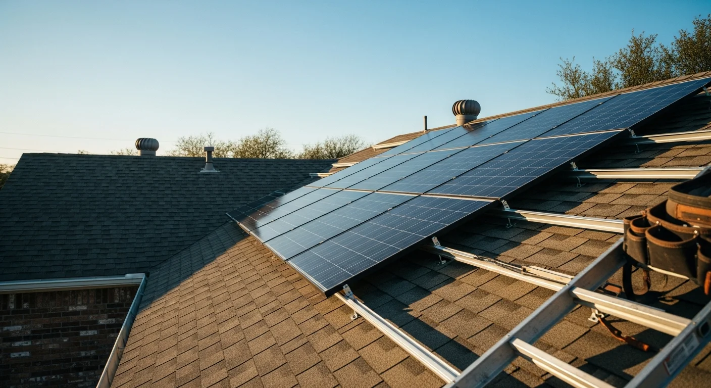 Rows of solar panels mounted on a residential roof in the Dallas-Fort Worth area, with clear blue Texas sky overhead. The installation shows flush-mounted panels on a pitched shingle roof typical of North Texas homes.