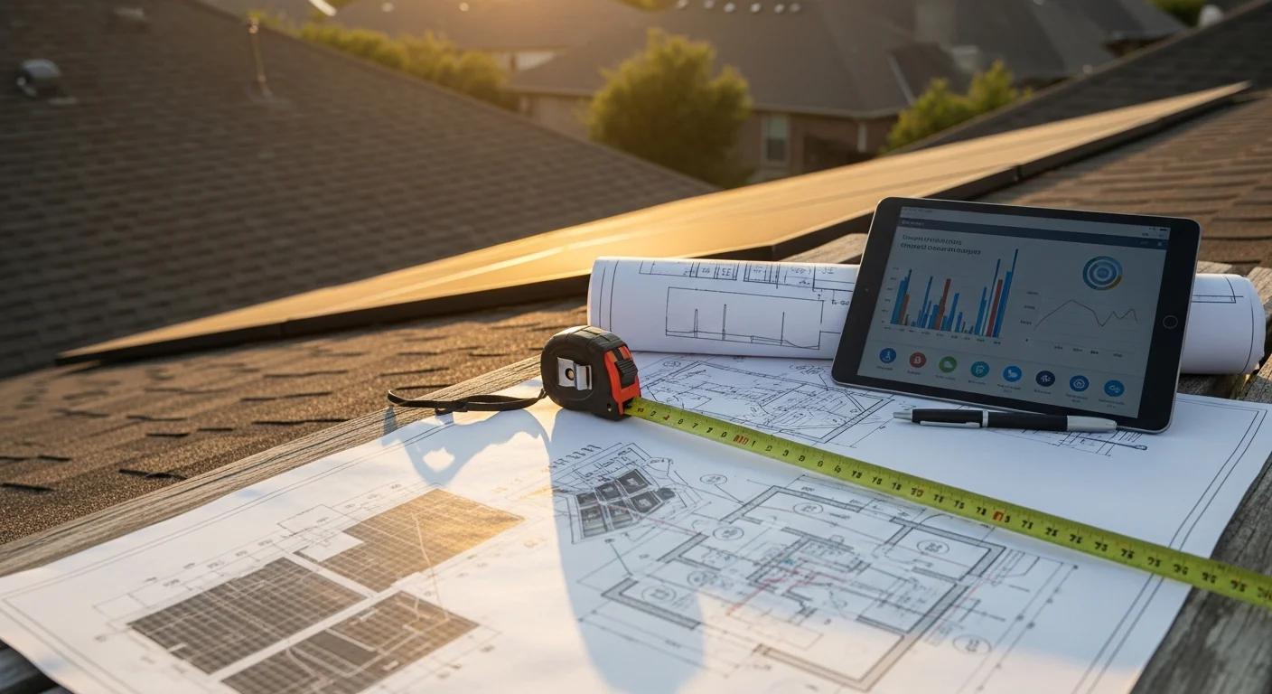 A Stormnation Roofing and Solar technician reviewing a custom solar system design layout on a residential rooftop in the Dallas-Fort Worth area. The image shows panel placement markers on a sun-exposed roof with a North Texas suburban neighborhood visible in the background.